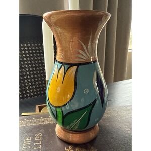 Hand-Painted Tulip Floral Vase Ceramic Decor 6.25 Tall, Looks Italian Vintage